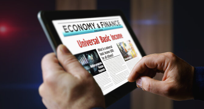 Universal basic income analysis technology newspaper on mobile tablet screen