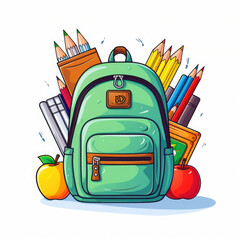 Bright backpack with school stationery isolated on white