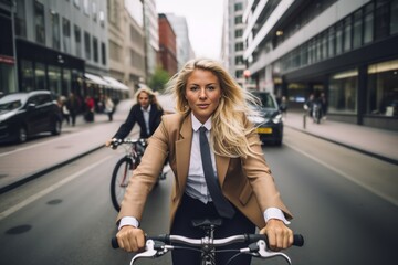 Fototapeta na wymiar Cycling commuter - a young beautiful blonde american woman riding a bicycle on a road in a city street. blurry city in the background.
