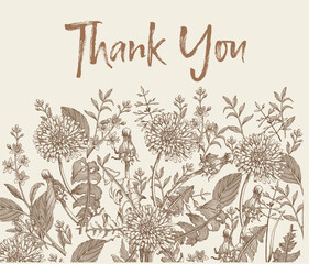 Dandelion isolated floral. Thank You. Wedding invitation baroque. Beautiful blooming realistic flowers. Vintage dandelion card. Drawing engraving frame. Wallpaper vector illustration