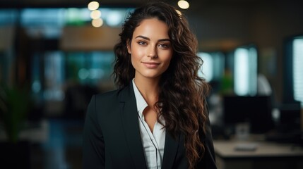 Obraz premium portrait of a happy smiling business woman with brown hair in the office wearing a suit