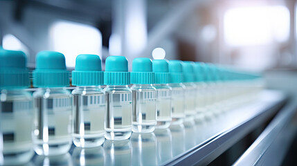 Medical vials on production line at pharmaceutical factory, Pharmaceutical machine working pharmaceutical glass bottles production line, Generative Ai