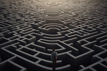 Lost in the Labyrinth of Existence: A Thought-ProvokingIllustration Depicting a Man Stuck in an Endless Maze.