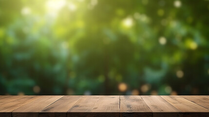 wooden table and tree blurred background