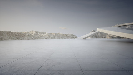 Abstract architecture design 3D rendering of modern building. Empty parking area concrete floor with mountain and blue sky view.
