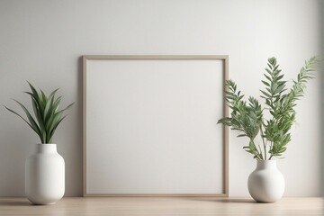 Fototapeta na wymiar Empty square frame mockup in modern minimalist interior with plant in trendy vase on white wall background