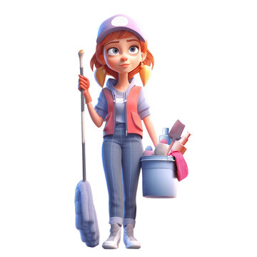 3D icon cute Young woman housewife cleaning the floor with a mop, people activity, daily routine cartoon style Transparent png