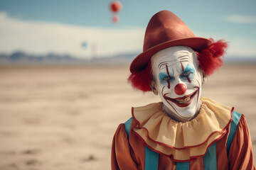 Portrait of a man dressed as a clown with sand desert background