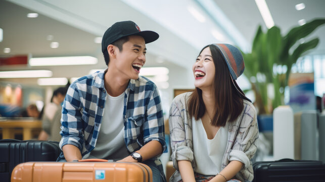 Young Good-looking Asian Couple Sitting With Suitcases At Airport For International Departure Travel , Happy Smiling People