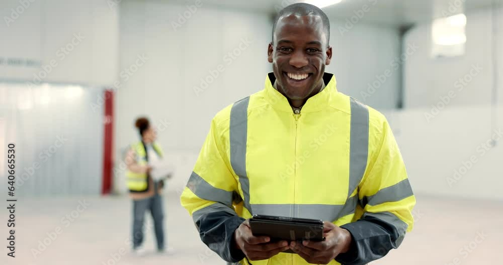 Poster Happy, architect or face of man with a tablet for planning, construction and working on project management on site. Architecture, tech and portrait of person with a smile for ideas in building
