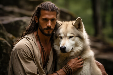 Muscular man in a forest holding a beautiful young white wolf in his arms