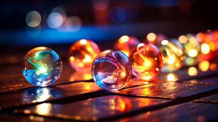 Glistening Glass Balls on wooden deck 