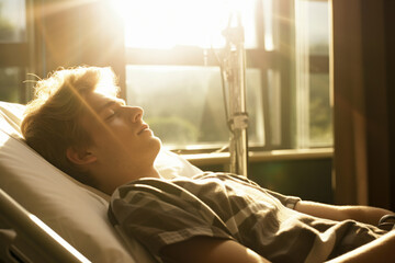 Young man lying in hospital bed