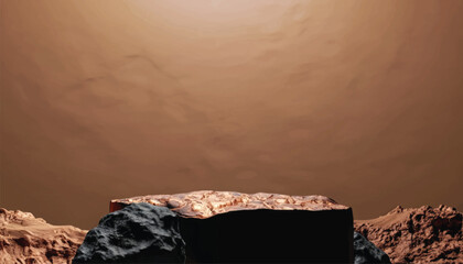 Mars rock group copper and black arid platform podium surface texture rough masculine men male concept raw stone stand advertisement display product backdrop mountain rock 3D Illustration vector .
