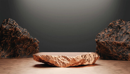 Mars rock group copper and black arid platform podium surface texture rough masculine men male concept raw stone stand advertisement display product backdrop mountain rock 3D Illustration vector .
