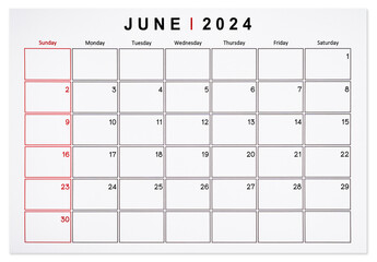 The June 2024 monthly calendar page isolated on white background, Saved clipping path.