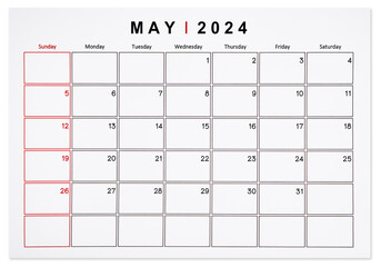 The May 2024 monthly calendar page isolated on white background, Saved clipping path.