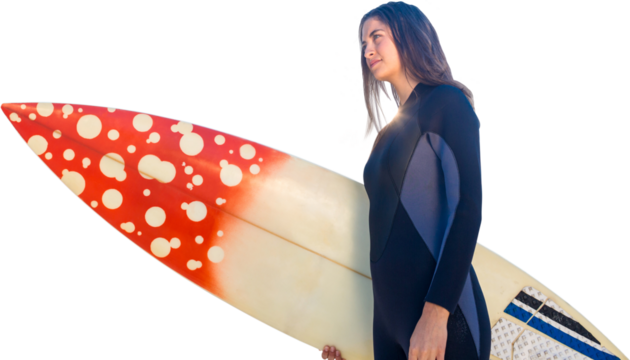 Digital png photo of caucasian woman with surfboard on transparent background - Powered by Adobe