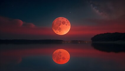 Red Full Moon in the Night Sky Reflecting on the Water's Surface. Blood Supermoon Over Water.