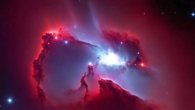 Red Nebula in Shades of Red with Stars in Space. Abstract Universe. Cosmic Wallpaper.