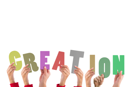 Digital png illustration of hands with creation text on transparent background - Powered by Adobe