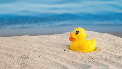 Fototapeta na wymiar Rubber duck in the smooth sand at the blue beach. Copy space in the sand beach