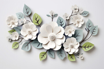 Paper cut white spring flower with leaves composition on light background. Origami abstract art decoration blossom element design