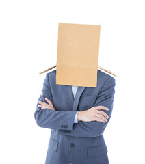 Digital png photo of caucasian businessman with box on head on transparent background
