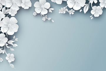 Peaceful composition of paper cut flower background in light blue colours. Origami template wall mockup