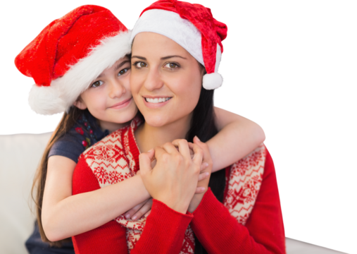 Digital png photo of caucasian mother and daughter with santa hats on transparent background