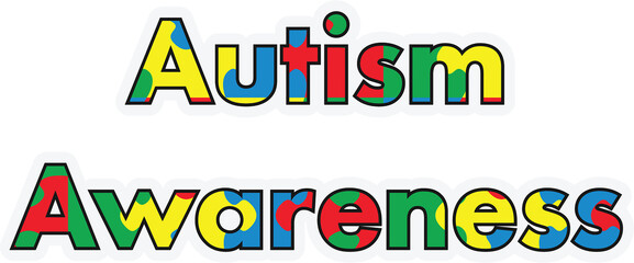 Digital png illustration of colourful autism awareness text on transparent background