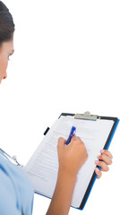 Digital png photo of caucasian female nurse writing on clipboard on transparent background