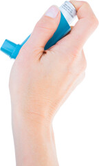 Digital png photo of caucasian woman holding inhaler on transparent background