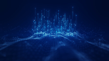 Digital technology concept big data visualization. The flow of a large number of different important information together. Polygonal particles are connected on a dark blue background.
