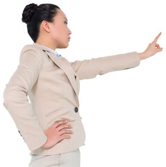 Digital png photo of angry asian businesswoman pointing on transparent background