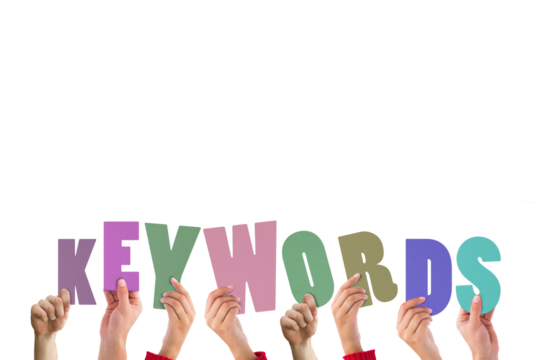 Digital png illustration of diverse hands holding keywords text on transparent background - Powered by Adobe