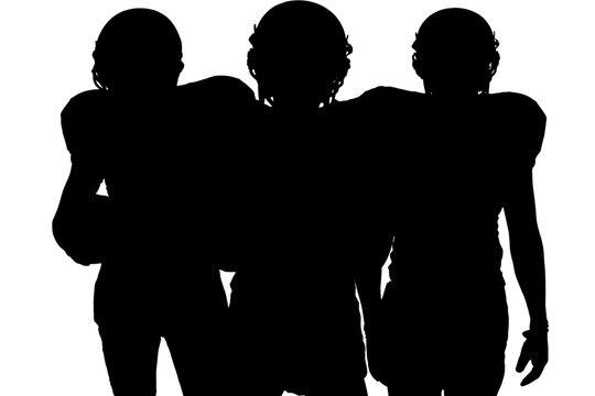 Digital png silhouette illustration of male american football players on transparent background