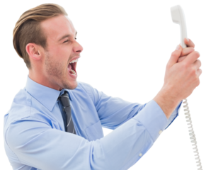 Digital png photo of angry caucasian businessman shouting at phone on transparent background