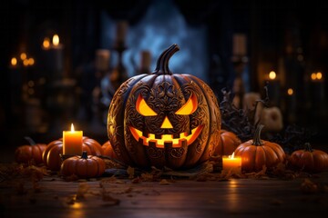 Fototapeta premium Night of fright pumpkin head aglow with candles on spooky Halloween. Holiday concept