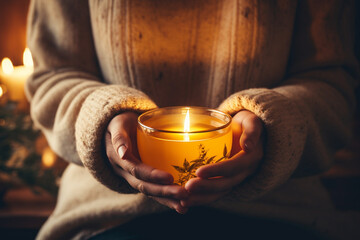 Burning candle in female hands. Cozy time. AI generated