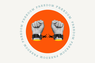 Collage freedom concept two hands in chains human rights break rules illegal racism discrimination...