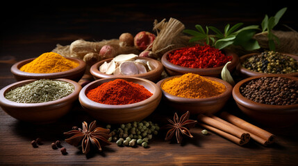 Hot spices for cooking health benefits on wooden background