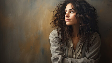 a pretty young woman with black hair is sitting in front of a ramshackle concrete wall.