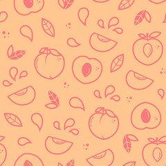 Peach vector seamless pattern in outline style. Fruit for package, kitchen design, fabric and textile