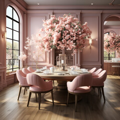 pink fresh dining room 3d render shabby chic
