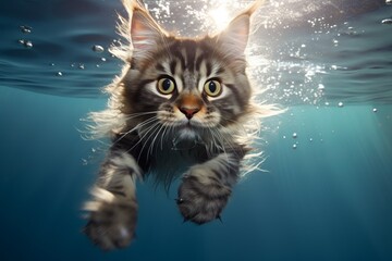 a huge maine coon kitten or gown-up cat swimming in the bright blue water, diving under water close-up photography