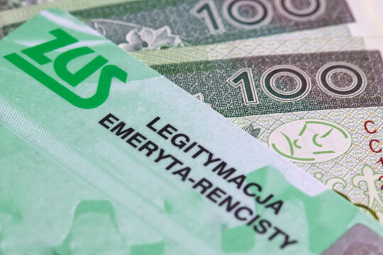 Detail of logo ZUS on ZUS ID card and 100 polish zloty bankotes, Warsaw, August 28,2023