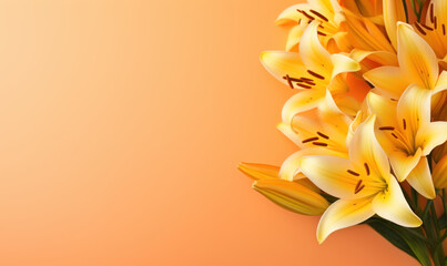 A lily bouquet on a bright yellow background. Empty copyspace. Created by AI tools