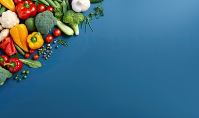 Fototapeta na wymiar Top view vegetables on deep blue background. Vegetarian organic food banner. Created by AI tools