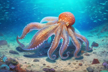 cartoon style of an octopus in the sea - obrazy, fototapety, plakaty